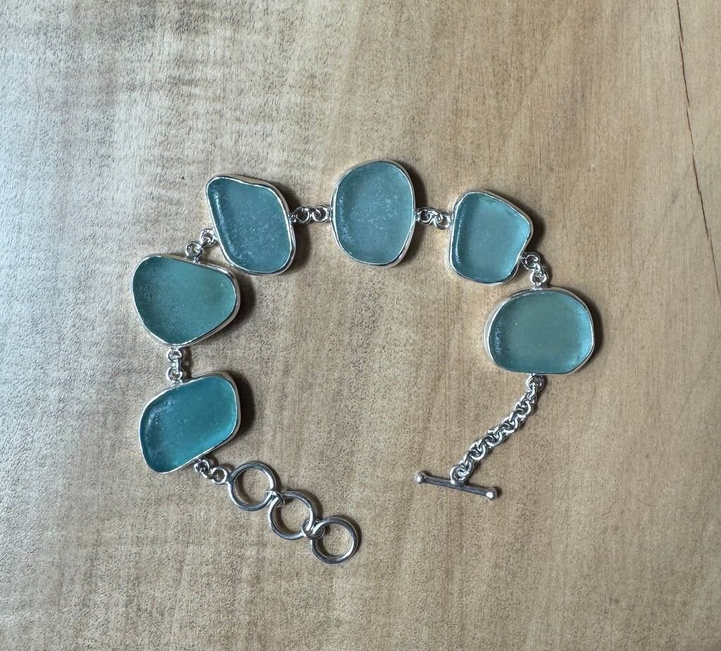 Teal seafoam sea glass bracelet from Italy – sterling silver adjustable ocean jewelry