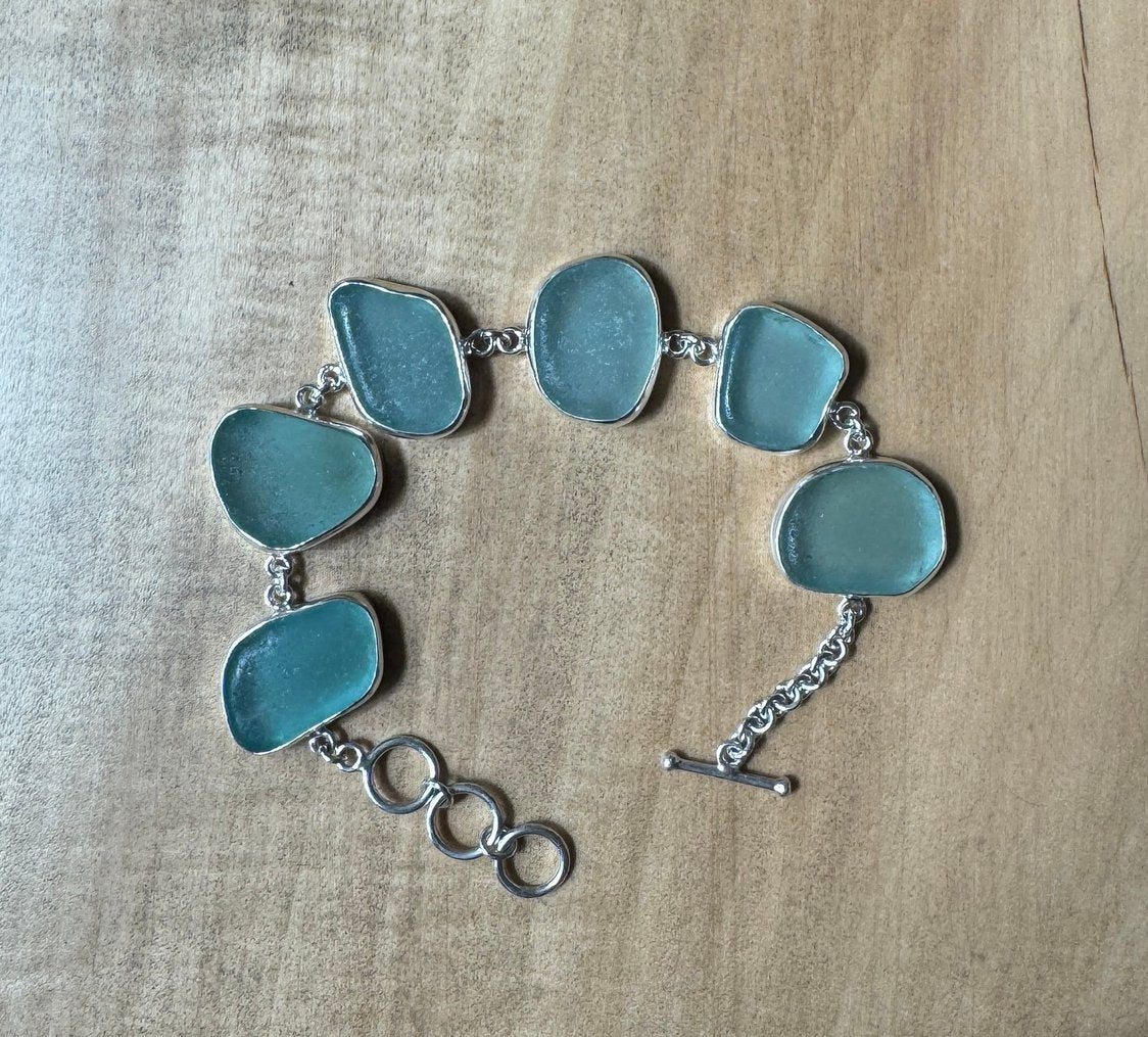 Teal seafoam sea glass bracelet from Italy – sterling silver adjustable ocean jewelry