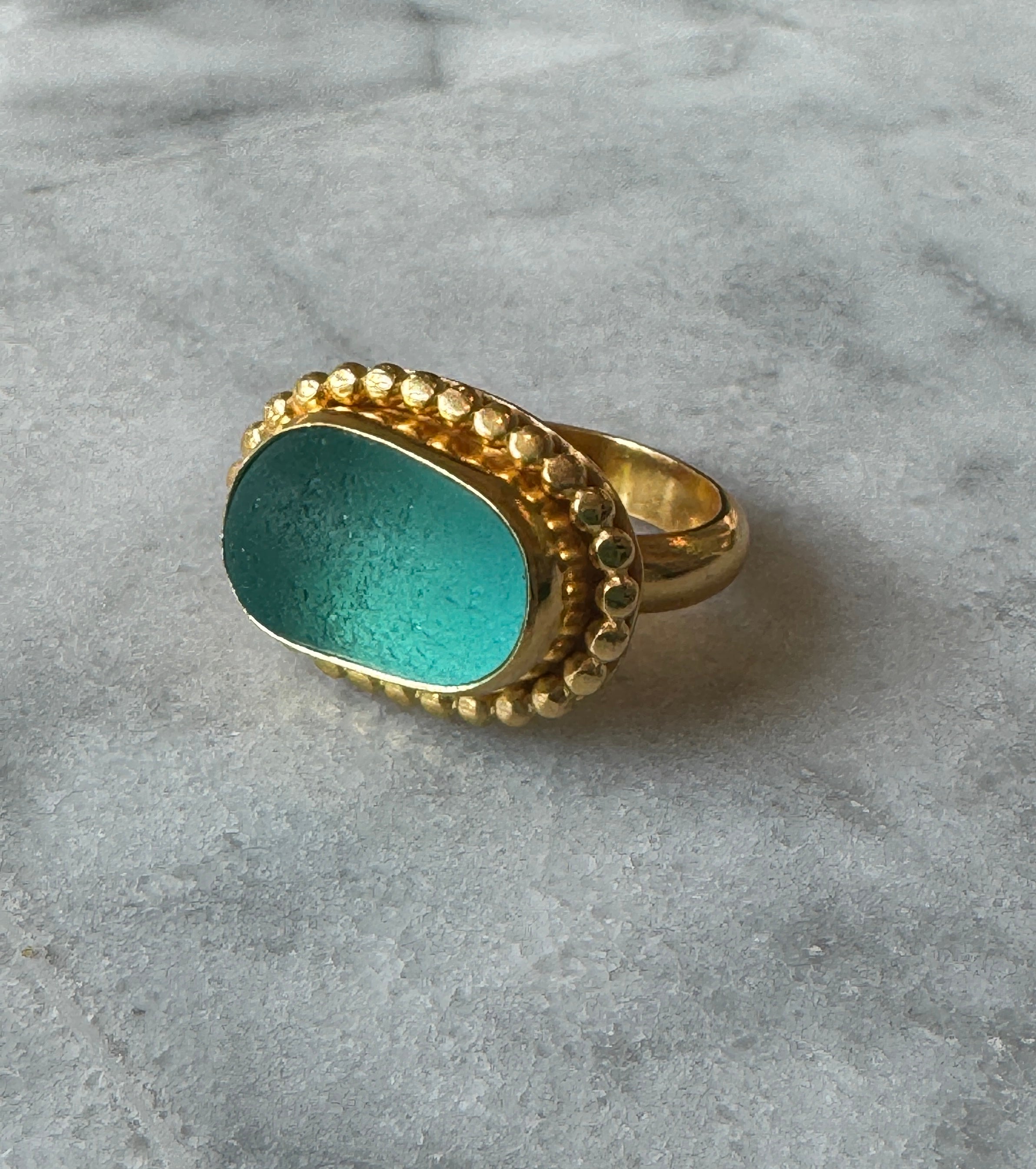 Turquoise sea glass gold vermeil ring – rare collector-quality, heirloom jewelry