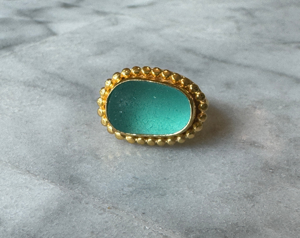 Turquoise sea glass gold vermeil ring – rare collector-quality, heirloom jewelry
