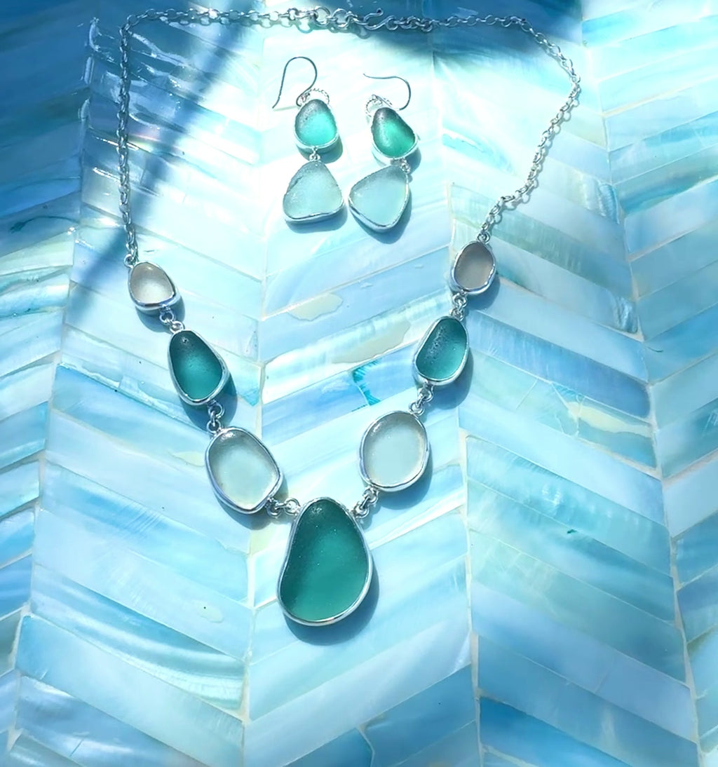 Aquamarine and White Sea Glass Necklace with Earrings